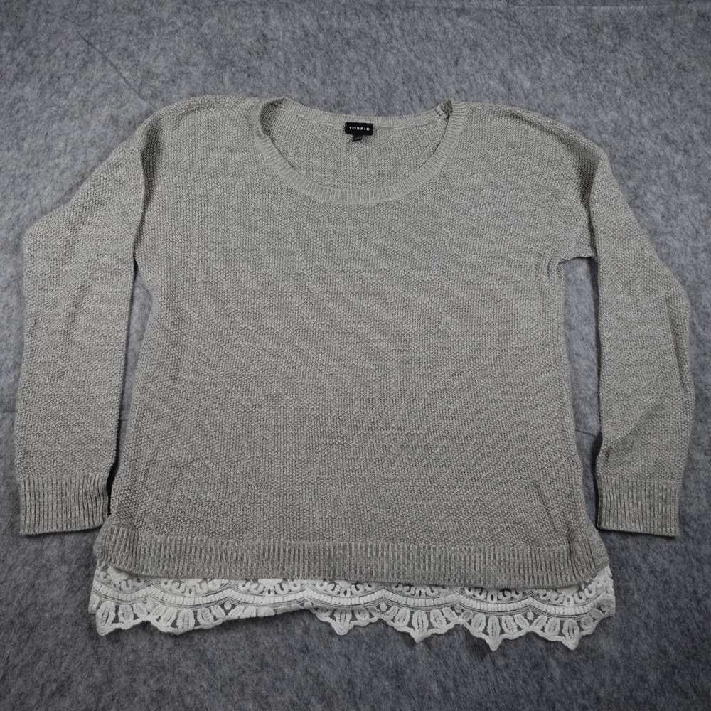 Torrid Sweater Women 1X Gray Lace Trim‎ Hem Long Sleeve Scoop Neck Knit Top